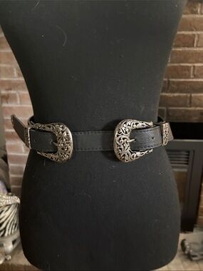 Black Double Buckle Western Belt with Ornate Silver Hardware